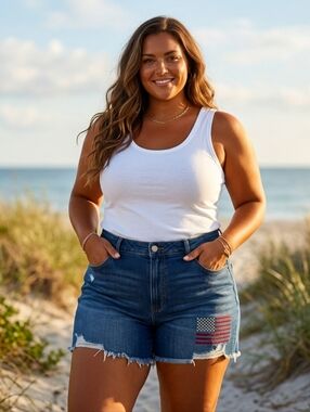 New Old Navy Women Plus 28 Shorts Embroidered Flag High Rise Tummy Smoothing 4X